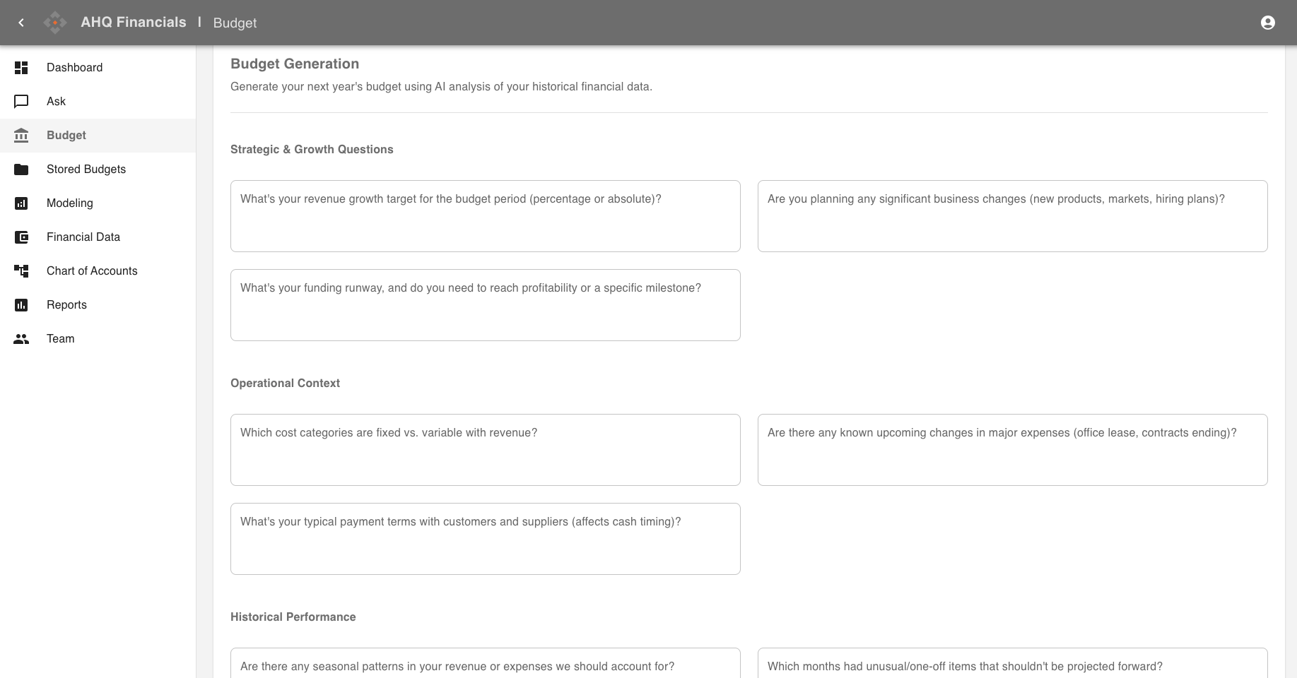 AHQ Financials Budget Generation